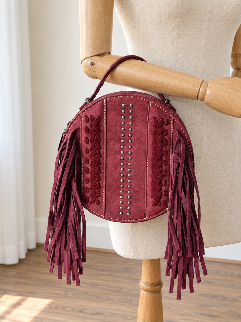 Montana West Burgundy Suede Fringe Circle Crossbody Bag